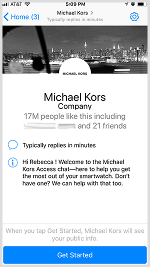Για να επιλέξουν ένα bot Messenger όπως αυτό του Michael Kors, οι χρήστες κάνουν κλικ στο κουμπί Έναρξη.