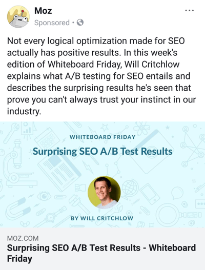 Τεχνικές διαφήμισης στο Facebook που προσφέρουν αποτελέσματα, για παράδειγμα από τον Moz που προσφέρει επώνυμο ερευνητικό περιεχόμενο