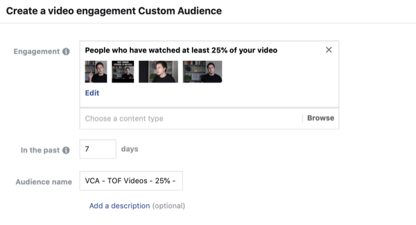 Δημιουργήστε το προσαρμοσμένο κοινό των θεατών βίντεο στο Facebook, βήμα 2.
