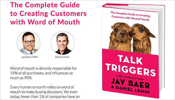 Αυτό είναι ένα στιγμιότυπο οθόνης του ιστότοπου Talk Triggers. Στα αριστερά υπάρχει κείμενο για το βιβλίο και τις φωτογραφίες των Jay Baer και Daniel Lemin. Στα δεξιά υπάρχει εξώφυλλο βιβλίου για το Talk Triggers.