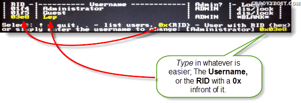 Επιλέγω!, κλείστε. - λίστα χρηστών, 0x <RID> - Χρήστης με RID (hex) ή απλά εισάγετε το όνομα χρήστη για αλλαγή: [Administrator]