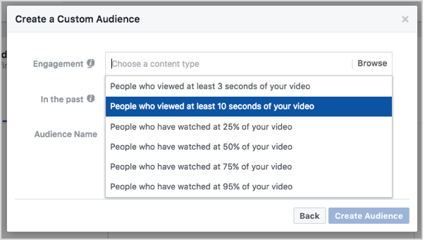 Προσαρμοσμένο κοινό Facebook βάσει προβολών βίντεο 10 δευτερολέπτων.