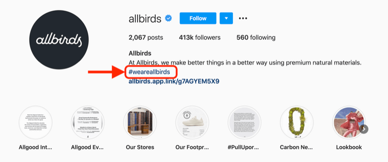 παράδειγμα ενός εταιρικού hashtag που περιλαμβάνεται στην περιγραφή προφίλ του λογαριασμού @allbirds instagram