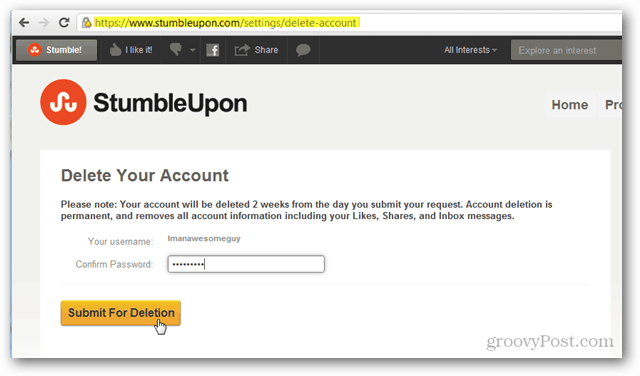 επιβεβαιώστε τη διαγραφή του stumbleupon