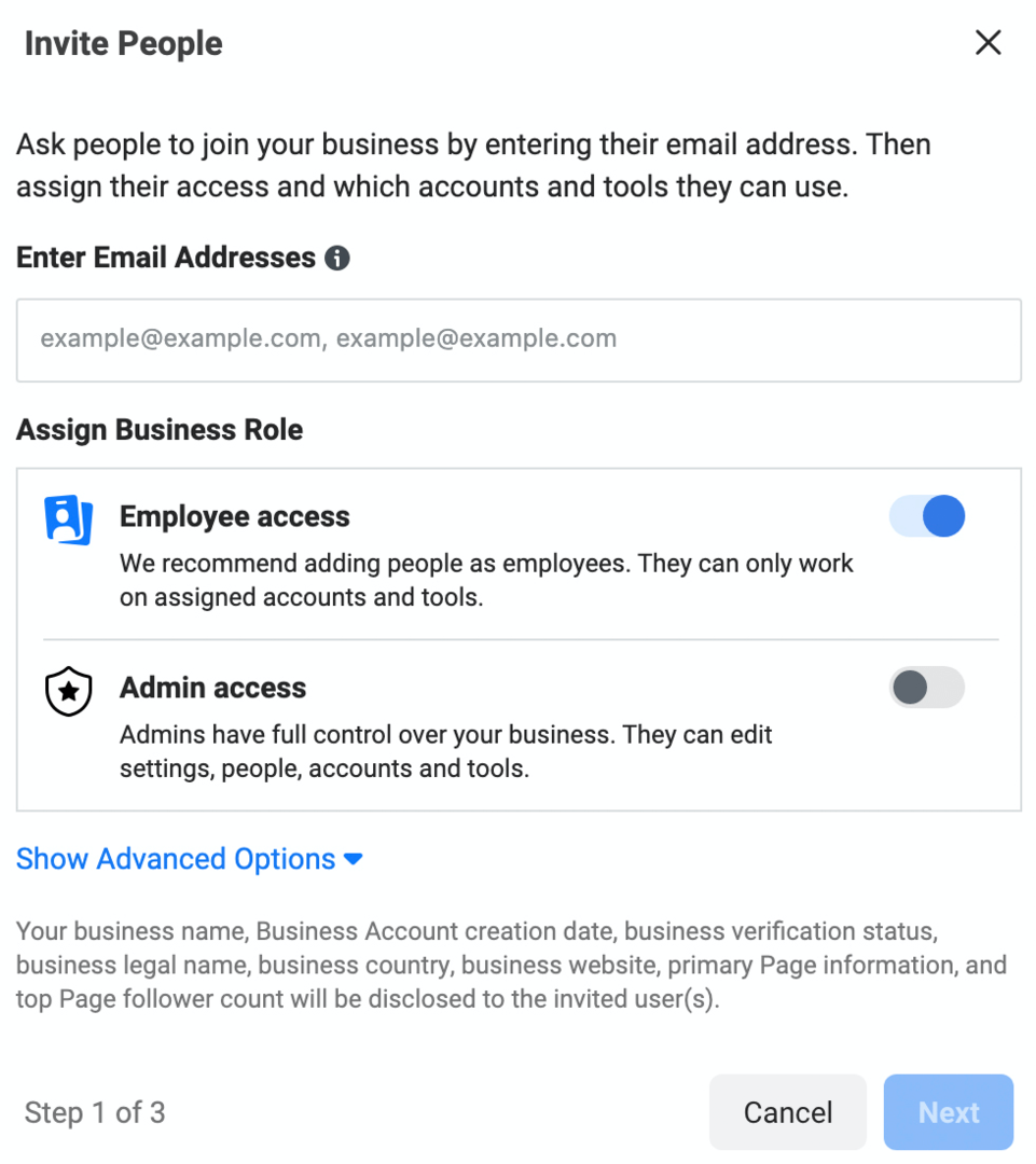 εικόνα της οθόνης Πρόσκληση ατόμων στο Meta Business Manager