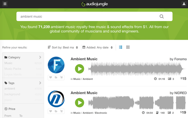 Αναζήτηση μέσω της ισχυρής βιβλιοθήκης AudioJungle μουσικής και κομματιών χωρίς δικαιώματα, ξεκινώντας από $ 1.