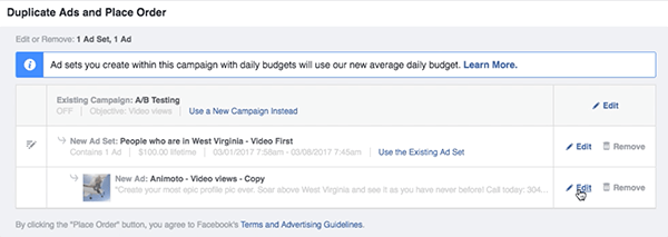 Κάντε κλικ στο σύνδεσμο Επεξεργασία στα δεξιά του νέου σας συνόλου διαφημίσεων στο Facebook.