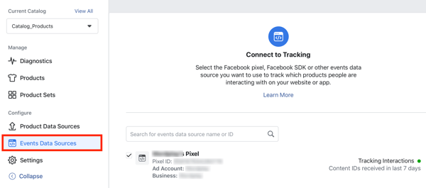 Χρησιμοποιήστε το Facebook Event Setup Tool, βήμα 24, επιλογή μενού για να συνδέσετε το Facebook pixel στον κατάλογό σας