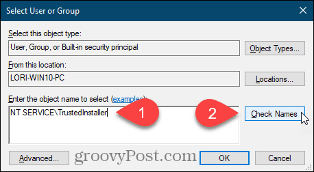 Καταχωρίστε το όνομα χρήστη και κάντε κλικ στην επιλογή Έλεγχος ονομάτων για ένα κλειδί μητρώου των Windows
