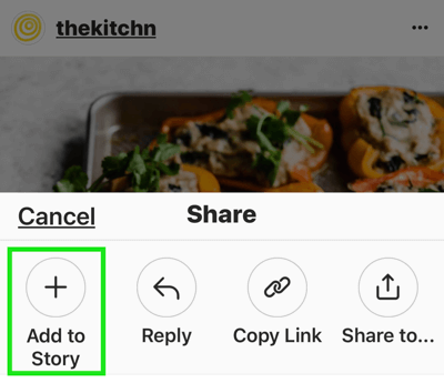 Δημιουργήστε ισχυρές, ενδιαφέρουσες ιστορίες Instagram, επιλογή για να προσθέσετε μια ανάρτηση Instagram σε μια ιστορία
