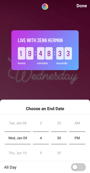 Πώς να χρησιμοποιήσετε το αυτοκόλλητο Instagram Countdown για επιχειρήσεις, βήμα 4 αντίστροφη ώρα λήξης.
