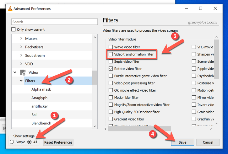 Ενεργοποίηση φίλτρων μετατροπής βίντεο σε VLC στα Windows