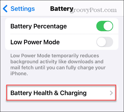 Επιλογή Battery Health & Charging στις Ρυθμίσεις