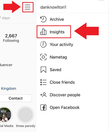 Στρατηγική μάρκετινγκ κοινωνικών μέσων; Στιγμιότυπο οθόνης από πού να αποκτήσετε πρόσβαση στο Instagram Insights στην εφαρμογή Instagram.