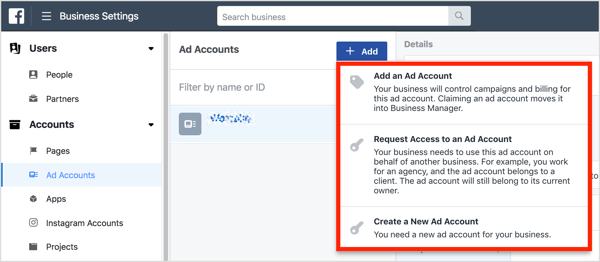 Έχετε τρεις επιλογές για πρόσβαση σε έναν λογαριασμό διαφήμισης στο Business Manager.