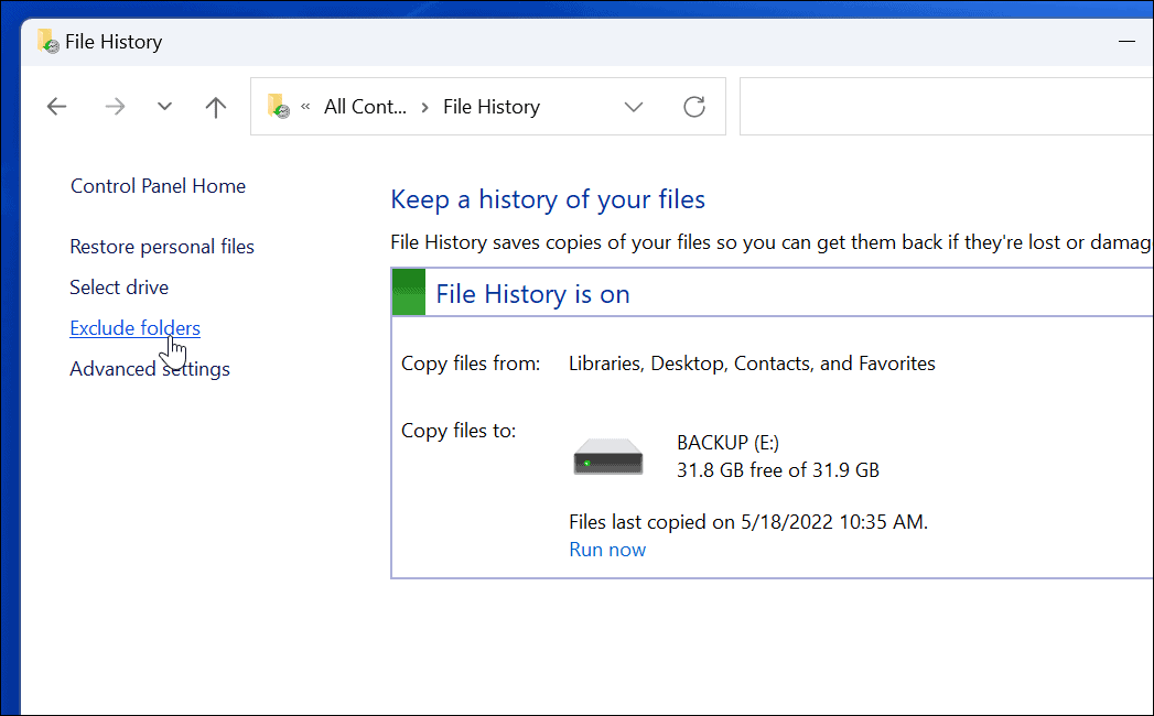 Εξαίρεση χρήσης ιστορικού αρχείων στα Windows 11