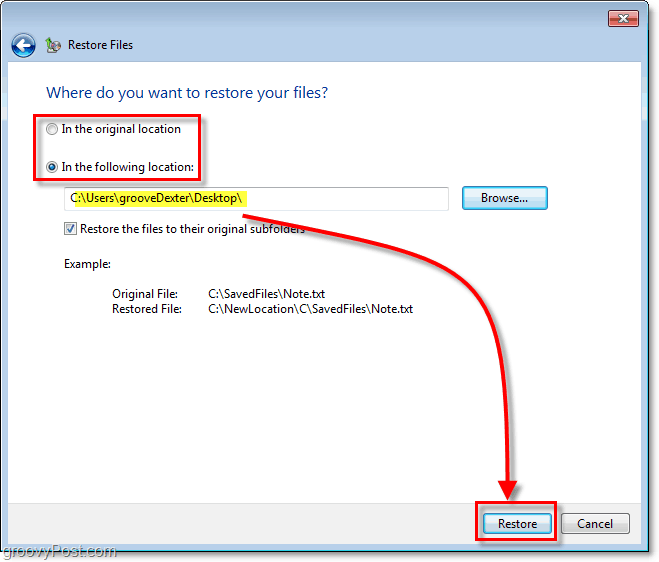 Windows 7 Backup - Επιλέξτε έναν προορισμό για τα αποκατεστημένα αρχεία