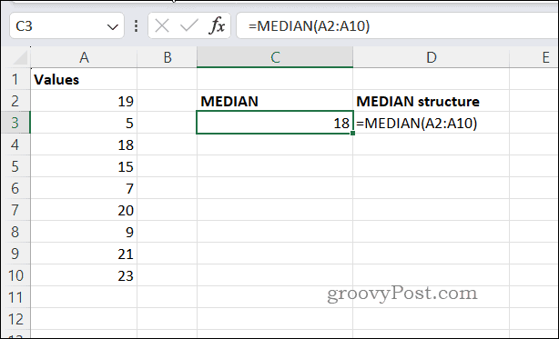 Παράδειγμα MEDIAN αποτέλεσμα στο Excel