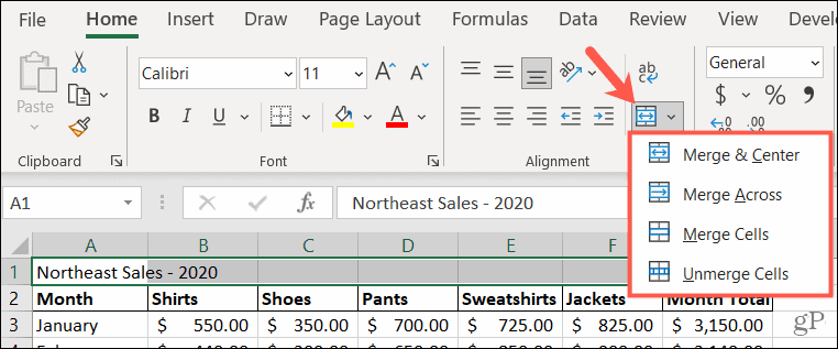 Επιλογές συγχώνευσης στο Excel