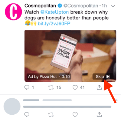 Παράδειγμα διαφήμισης βίντεο Twitter με την επιλογή παράλειψης της διαφήμισης μετά από 6 δευτερόλεπτα.