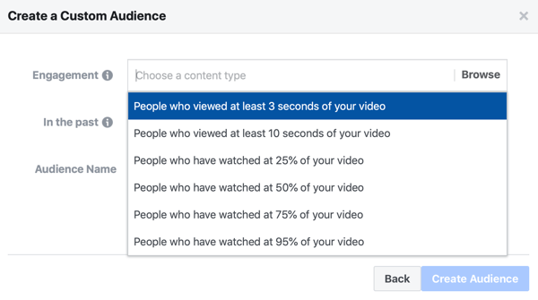 Επιλογή δημιουργίας προσαρμοσμένου κοινού διαφήμισης στο Facebook ατόμων που παρακολούθησαν ένα μέρος του βίντεό σας.