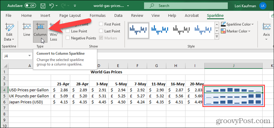 Αλλαγή τύπου Sparkline στο Excel