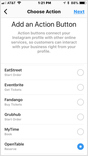 Instagram Προσθήκη οθόνης κουμπιού δράσης για υπηρεσίες τρίτων