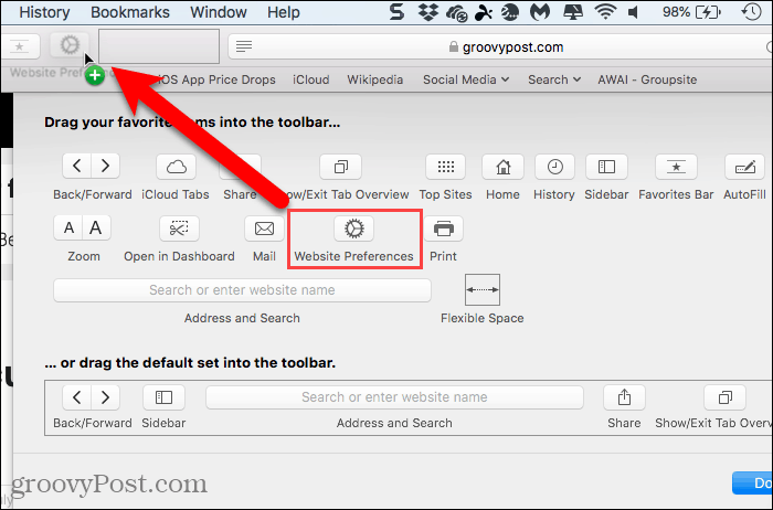 Προσθέστε το κουμπί Προτιμήσεις ιστότοπου στο Toolbar στο Safari για Mac