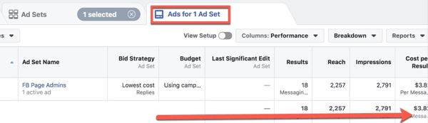 Προβολή μετρήσεων απόδοσης διαφημίσεων Facebook στο Facebook Ads Manager.