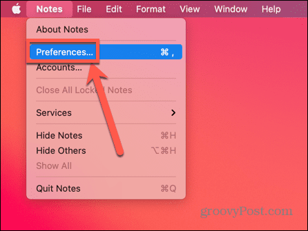 επιλέξτε Προτιμήσεις στο Notes στο Mac