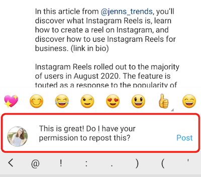 instagram post παράδειγμα σχόλιο απάντηση που επαινεί και ζητά άδεια για την αναδημοσίευση του περιεχομένου