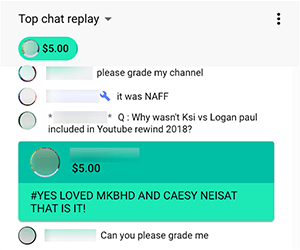 Αυτό είναι ένα στιγμιότυπο οθόνης μιας Super Chat από το Nimmin Live, μια ζωντανή εκπομπή YouTube που φιλοξενείται από τον Nick Nimmin και τον αδερφό του Dee Nimmin. Ο θεατής έδωσε 5,00 $ και σχολίασε "#Yes Loved MKBHD and Caesy Neisat that is it!"