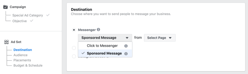 Επιλογή μηνύματος χορηγίας Facebook στο Facebook Ads Manager