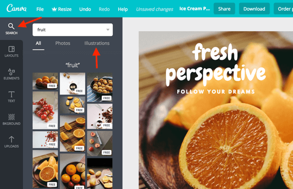Χρησιμοποιήστε τη γραμμή αναζήτησης για να βρείτε φωτογραφίες και εικόνες απευθείας στον πίνακα ελέγχου Canva.