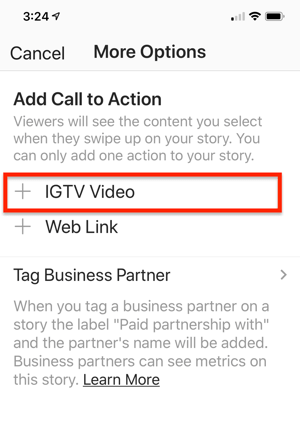 Επιλογή για να επιλέξετε έναν σύνδεσμο βίντεο IGTV για προσθήκη στην ιστορία σας στο Instagram.