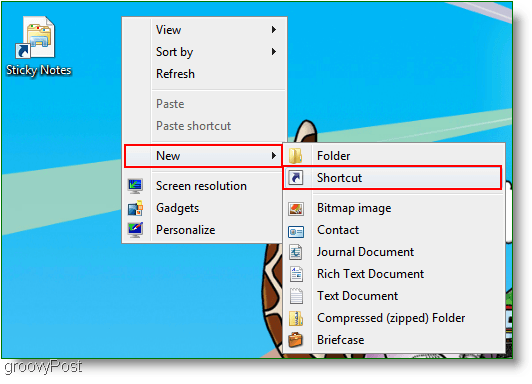 Windows 7 Δημιουργία νέας συντόμευσης: Στιγμιότυπο οθόνης