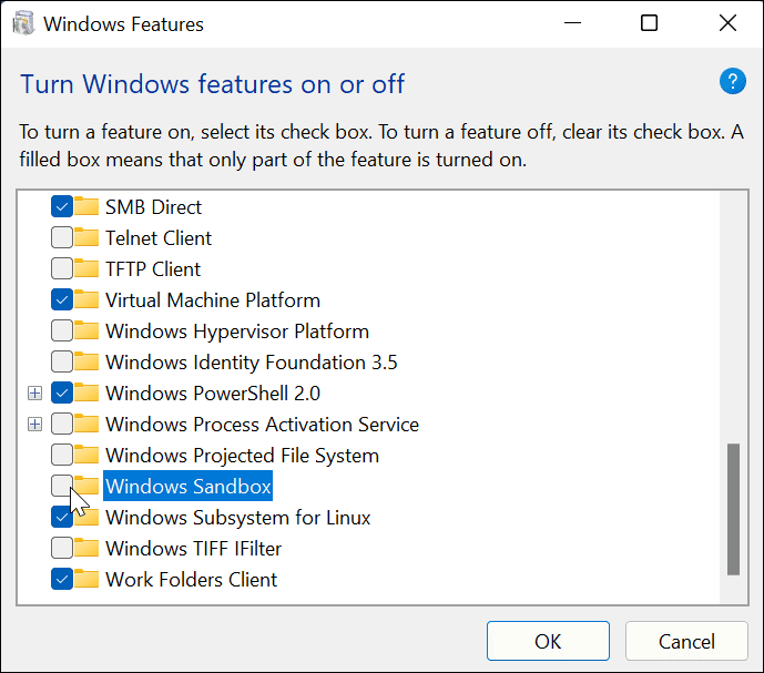 Καταργήστε την επιλογή του Windows Sandbox