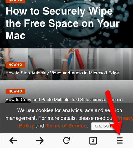 Πατήστε το κουμπί μενού Firefox στον Firefox για iOS