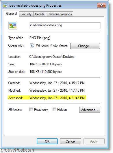 Στιγμιότυπο οθόνης των Windows 7 - η ημερομηνία πρόσβασης δεν ενημερώθηκε πολύ καλά