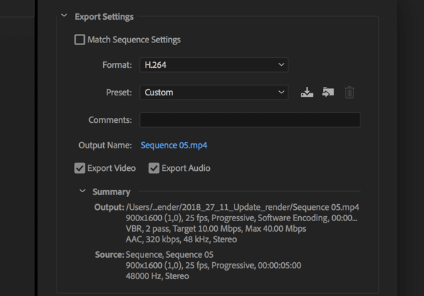 Ρύθμιση για εξαγωγή του βίντεο του Adobe Premier Pro με τη μορφή που έχει οριστεί στο H.264.