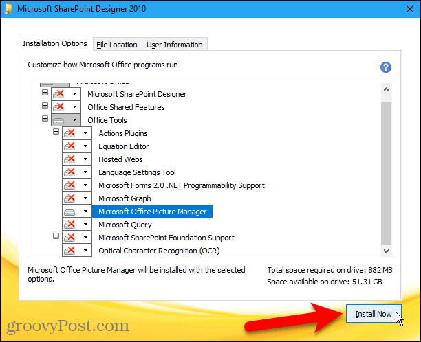 Κάντε κλικ στο κουμπί Εγκατάσταση τώρα για να εγκαταστήσετε το Microsoft Office Picture Manager από το Sharepoint Designer 2010