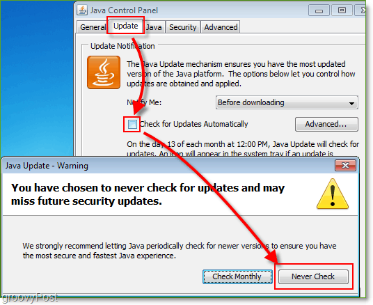 Στιγμιότυπο οθόνης: Windows 7 Απενεργοποίηση ελέγχων ενημέρωσης Java