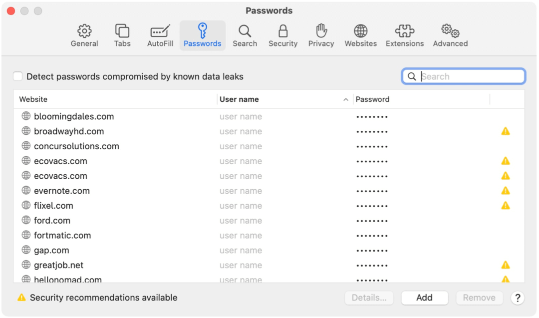 Παραδείγματα κωδικού πρόσβασης Safari για Mac