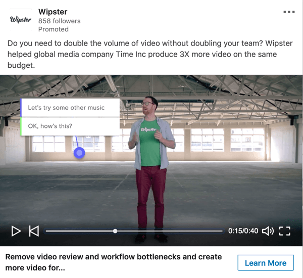 Πώς να δημιουργήσετε διαφημίσεις βάσει στόχου LinkedIn, δείγμα διαφημίσεων βίντεο με χορηγία από την Wipster
