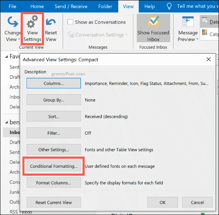 Το κουμπί Επιλογές μορφοποίησης υπό όρους στο Microsoft Outlook