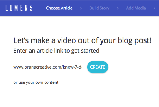 Προσθέστε τη διεύθυνση URL για την ανάρτηση ιστολογίου από την οποία θέλετε να δημιουργήσετε ένα βίντεο Lumen5.