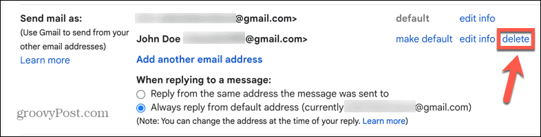 gmail διαγραφή ψευδωνύμου