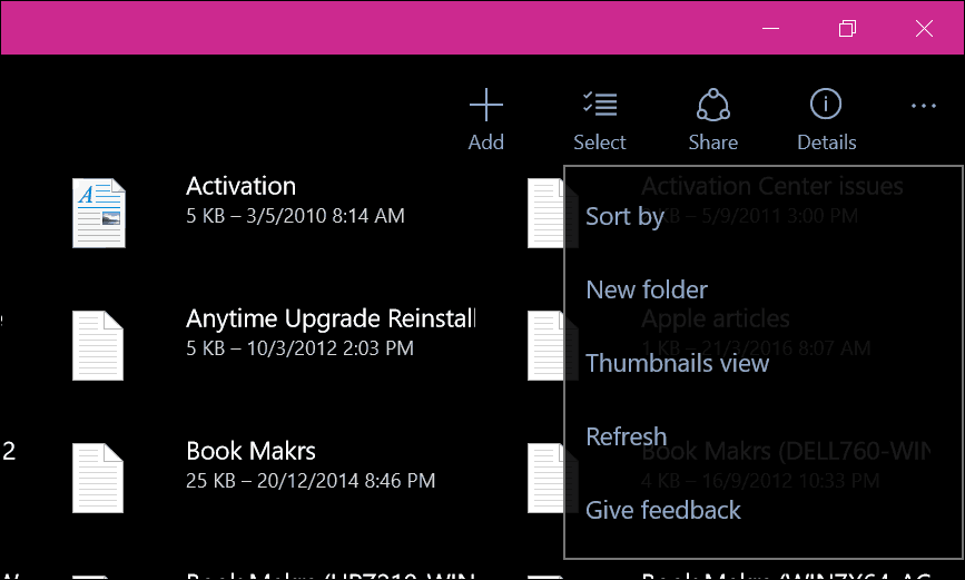 Παράθυρα εφαρμογής OneDrive 10 5