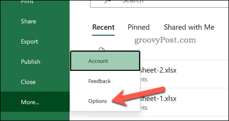 Μενού επιλογών αρχείου Excel