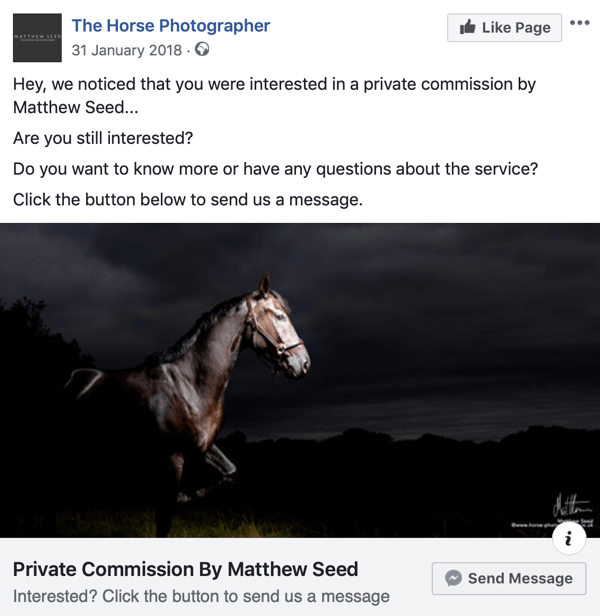 Πώς να μετατρέψετε τους επισκέπτες του ιστότοπου με διαφημίσεις στο Facebook Messenger, βήμα 3, δημοσιεύστε το παράδειγμα του The Horse Photographer
